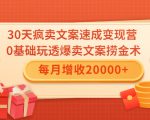 30天疯卖文案速成变现营,0基础玩透爆卖文案捞金术!每月增收20000+-稀缺资源库