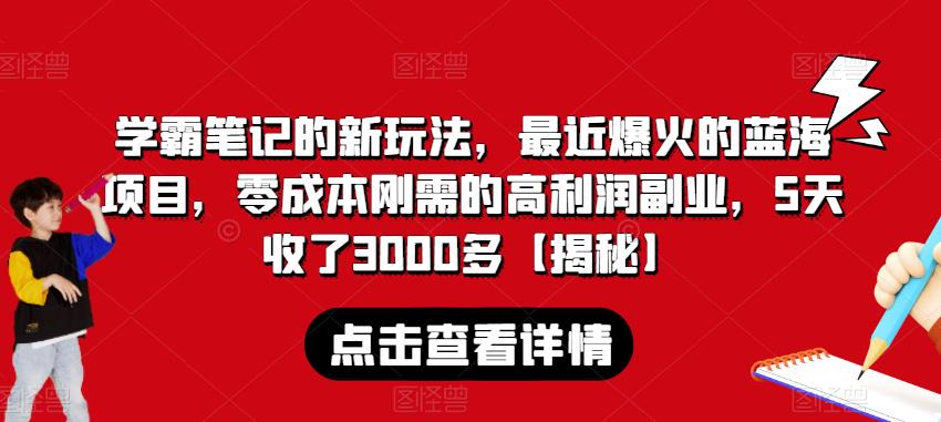 学霸笔记的新玩法，最近爆火的蓝海项目，零成本刚需的高利润副业，5天收了3000多【揭秘】-稀缺资源库