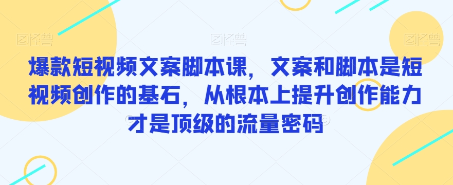 爆款短视频文案脚本课，文案和脚本是短视频创作的基石，从根本上提升创作能力才是顶级的流量密码-稀缺资源库