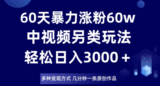 60天暴力涨粉60W，中视频另类玩法，日入3000＋，几分钟一条原创作品多种变现方式-稀缺资源库