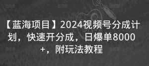 【蓝海项目】2024视频号分成计划,快速开分成,日爆单8000+,附玩法教程-稀缺资源库