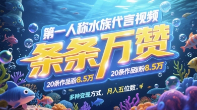 第一人称水族代言视频，条条万赞，20条作品涨粉7.8W，多种变现方式月入五位数-稀缺资源库