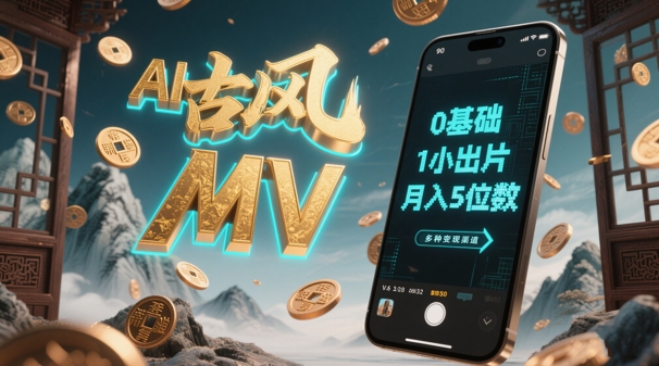 AI一键生成古风音乐MV，0剪辑基础1小时出片，多种变现渠道，一部手机月入5位数-稀缺资源库