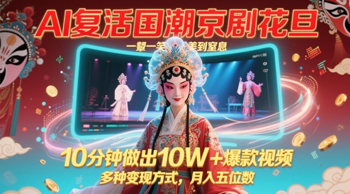 AI复活国潮京剧花旦，一颦一笑美到窒息，10分钟做出10W+爆款视频，多种变现方式，月入五位数-稀缺资源库