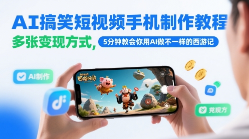 AI搞笑短视频手机制作教程，多张变现方式，5分钟教会你用AI做不一样的西游记-稀缺资源库