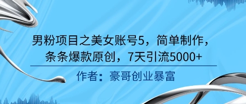 男粉项目之美女账号5，简单制作，条条爆款原创，7天引流5000+-稀缺资源库