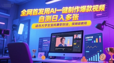 全网首发用AI一键制作爆款视频，自测日入多张，适合大学生宝妈兼职创业，保姆级教程-稀缺资源库