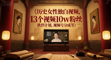 历史女性独白视频，13个视频10w粉丝，伙伴计划，视频号分成等-稀缺资源库