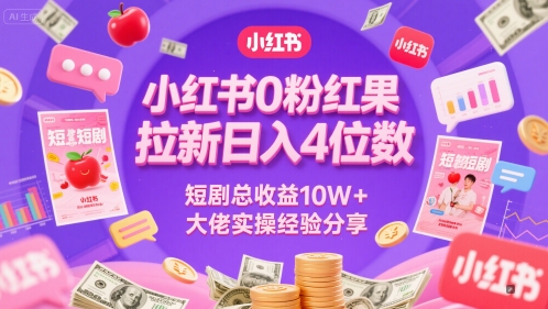 小红书0粉红果短剧拉新日入4位，数短剧总收益10W+大佬实操经验分享-稀缺资源库