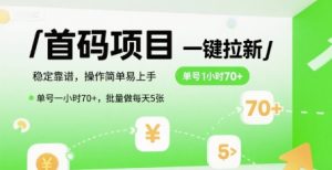 首码一键拉新项目，稳定靠谱，操作简单易上手，单号一小时70+，批量做每天5张【揭秘】-稀缺资源库