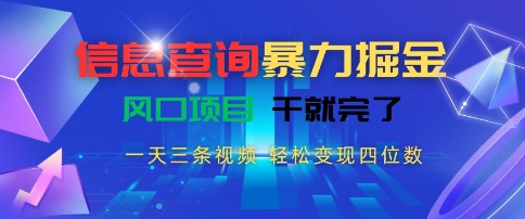 信息查询暴力掘金，一天三条视频，轻松变现四位数，风口项目干就完了【揭秘】-稀缺资源库