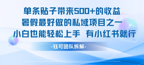 单条贴子带来5张的收益，暑假最好做的私域项目之一，小白也能轻松上手，有小红书就行-稀缺资源库