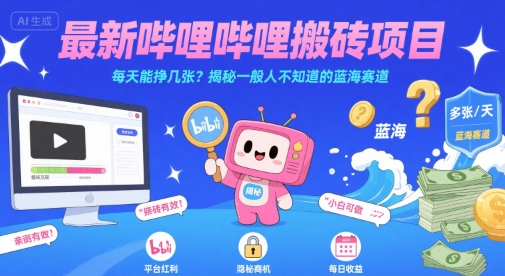 最新哔哩哔哩上B站搬砖项目，每天能挣几张？揭秘一般人不知道的蓝海赛道-稀缺资源库