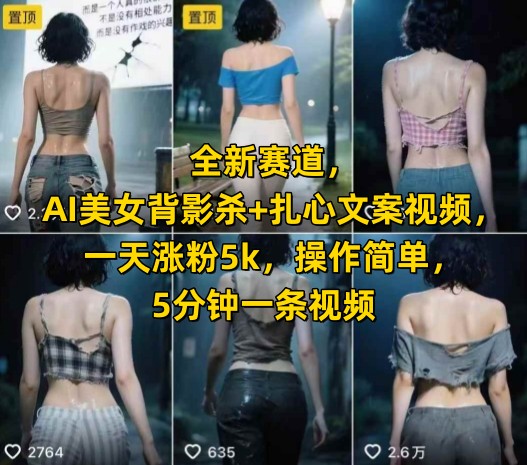 全新赛道，AI美女背影杀+扎心文案视频，一天涨粉5k，操作简单，5分钟一条视频-稀缺资源库
