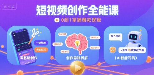 短视频创作课，短视频制作、创作思路、Ai写爆款文案-稀缺资源库