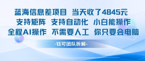 蓝海信息差项目当天收米1k+ 支持矩阵支持自动化小白能操作全程AI操作不需要人工你只要会电脑-稀缺资源库