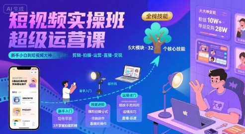 短视频实操班超级运营课，新手小白到短视频大神必修课程，剪辑-拍摄-运营-直播-变现-稀缺资源库