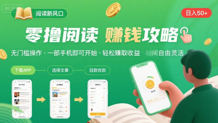 零撸阅读新风口，无门槛轻松挣，一部手机，日入 50-3张【揭秘】-稀缺资源库