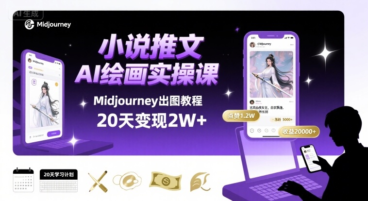 小说推文干货分享之AI绘画MJ出图实操课，用Midjourney做小说推文，20天挣2w-稀缺资源库