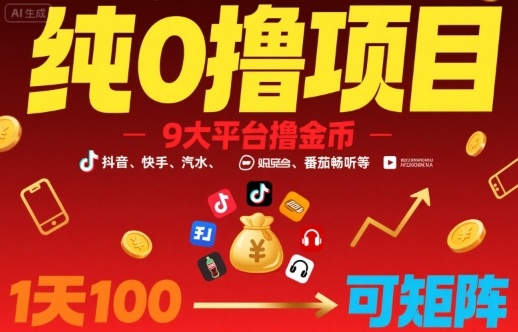 纯0撸项目，9大平台撸金币，抖音，快手，汽水，番茄畅听等，1天100，可矩阵-稀缺资源库