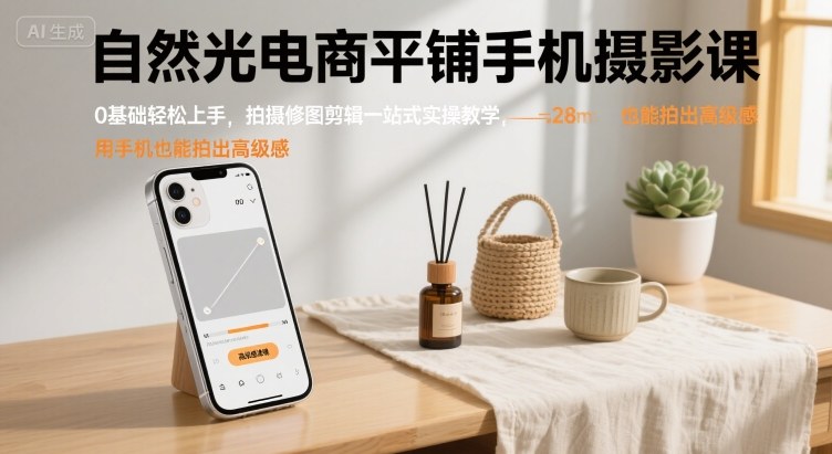 自然光电商平铺手机摄影课，0基础轻松上手，拍摄修图剪辑一站式实操教学，用手机也能拍出高级感-稀缺资源库