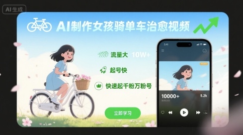 AI制作女孩骑单车治愈视频，流量大，起号快，快速起千粉万粉号-稀缺资源库