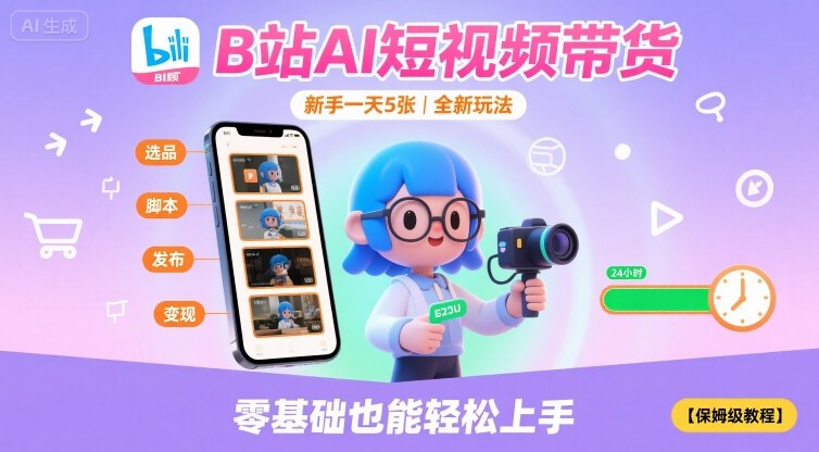 B站AI短视频带货，新手一天5张，全新玩法【保姆级教程】-稀缺资源库