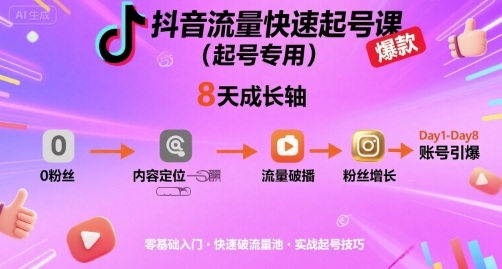 抖音流量快速起号课（起号专用），8天带你做爆自己的账号-稀缺资源库