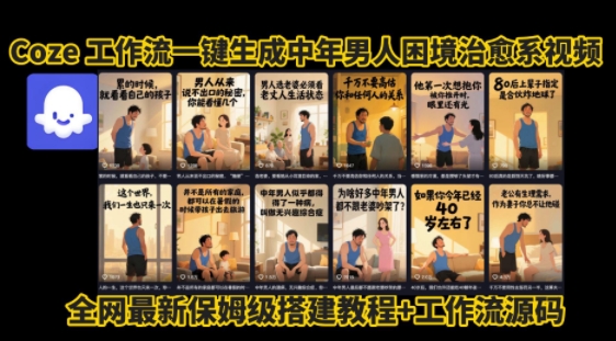 coze工作流一键生成”中年男人困境扎心高涨粉高播放量图文视频”保姆级拆解教程，无需剪辑，无需拍摄写文案-稀缺资源库