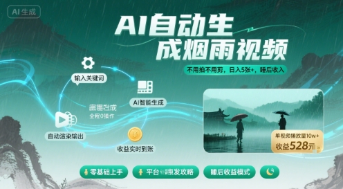 不用拍不用剪！AI自动生成烟雨视频，日入5张+，睡后收入-稀缺资源库