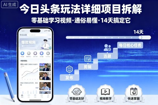 今日头条玩法详细项目拆解，零基础学习视频 通俗易懂 14天搞定它-稀缺资源库