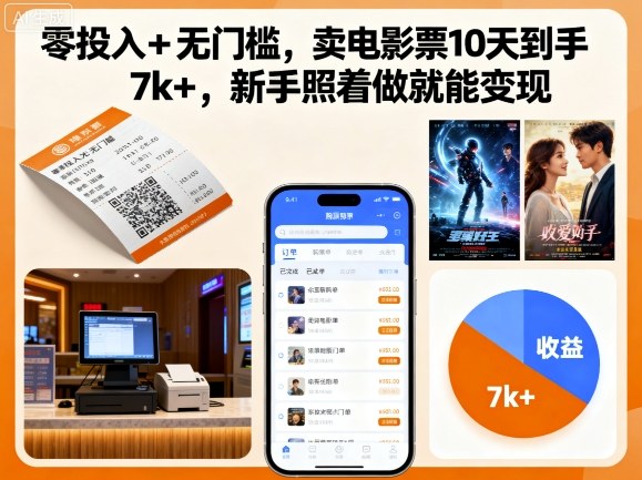 零投入+无门槛，卖电影票10天到手7k+，新手照着做就能变现【揭秘】-稀缺资源库