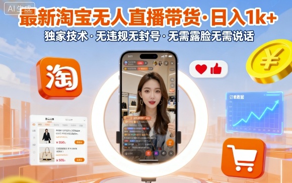 最新淘宝无人直播带货，日入1k+，独家技术，无违规无封号，无需露脸无需说话【揭秘】-稀缺资源库