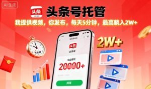 【头条号托管】我提供视频,你发布,每天5分钟,最高躺入2W+【揭秘】-稀缺资源库
