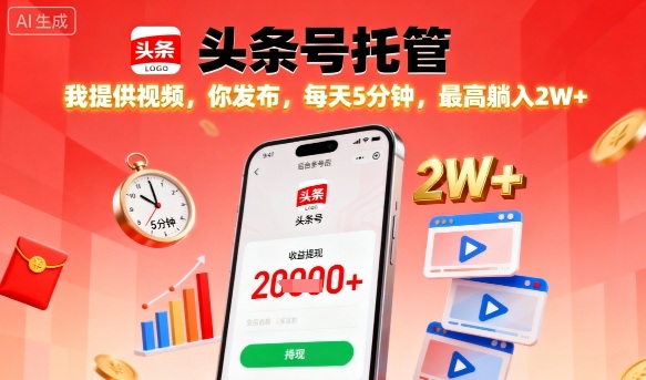 【头条号托管】我提供视频，你发布，每天5分钟，最高躺入2W+【揭秘】-稀缺资源库