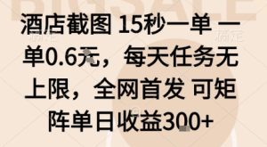 酒店截图15秒一单,一单0.6米,每天任务无上限,全网首发可矩阵单日收益3张【揭秘】-稀缺资源库