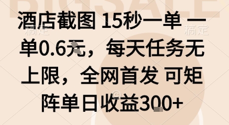 酒店截图15秒一单，一单0.6米，每天任务无上限，全网首发可矩阵单日收益3张【揭秘】-稀缺资源库