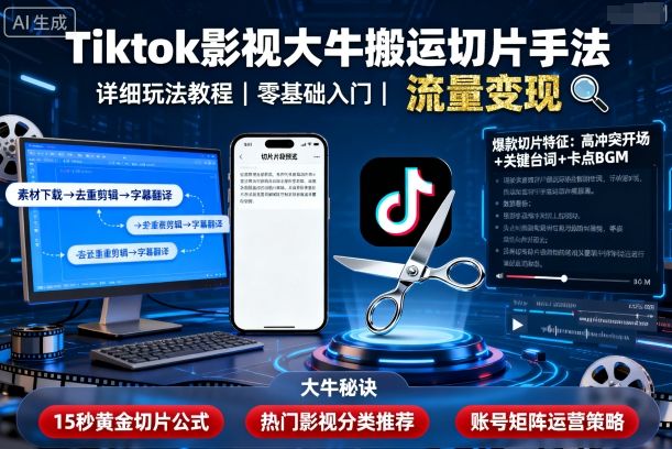 Tiktok影视大牛搬运切片手法，详细玩法教程-稀缺资源库