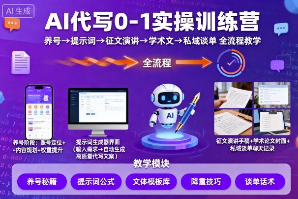 AI代写0-1实操训练营，从养号、提示词、征文演讲、学术文，到私域谈单的全流程教学-稀缺资源库