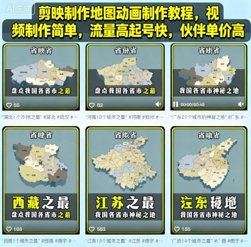 剪映制作地图动画制作教程，视频制作简单，流量高起号快，伙伴单价高-稀缺资源库