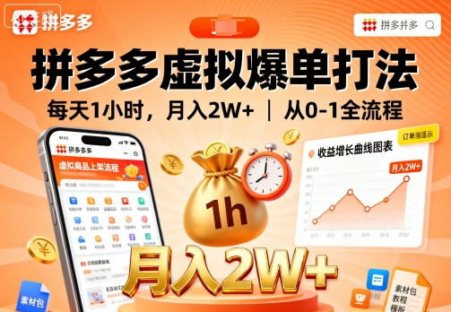 拼多多虚拟爆单打法，每天1小时，月入2W+，从0-1全流程-稀缺资源库