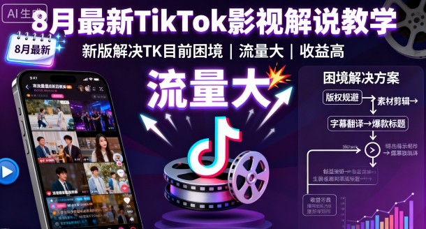 8月最新TikTok影视解说教学，新版解决TK目前困境，流量大，收益高-稀缺资源库