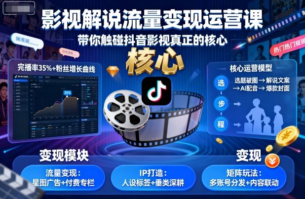影视解说流量变现运营课，带你触碰抖音影视真正的核心-稀缺资源库
