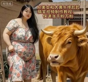 AI美女和大黄牛摔跤搞笑荒诞视频制作教程，快速涨千粉万粉-稀缺资源库