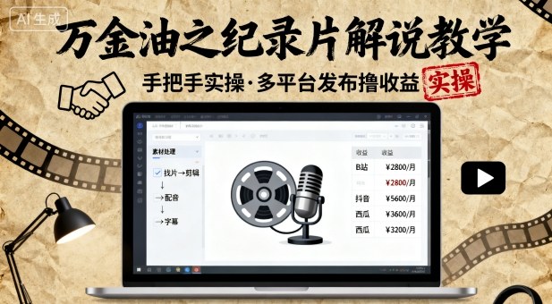 万金油之纪录片解说教学，手把手教你，完全实操，多平台发布撸收益-稀缺资源库