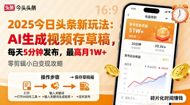 2025年今日头条躺賺新玩法，AI生成视频存草稿，每天5分钟发布，最高月1W+【揭秘】-稀缺资源库