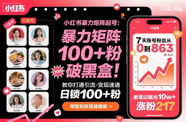 小红书暴力矩阵起号，教你打通引流-变现速通，日锁100+粉，破流量黑盒-稀缺资源库