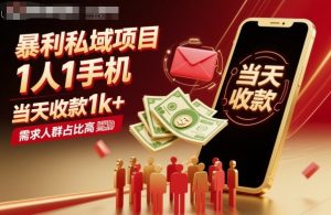 暴利私域项目1人1手机,当天收款1k+,需求人群占比高,当天就能见到钱-稀缺资源库