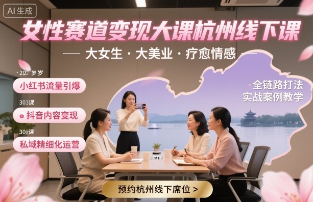 女性赛道变现大课杭州线下，大女生，大美业，疗愈情感，一套小红书、抖音、私域全链路打法-稀缺资源库