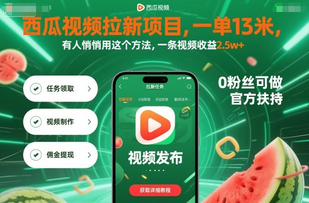 西瓜视频拉新项目，一单13米，有人悄悄用这个方法，一条视频收益2.5w+（附详细教程）-稀缺资源库